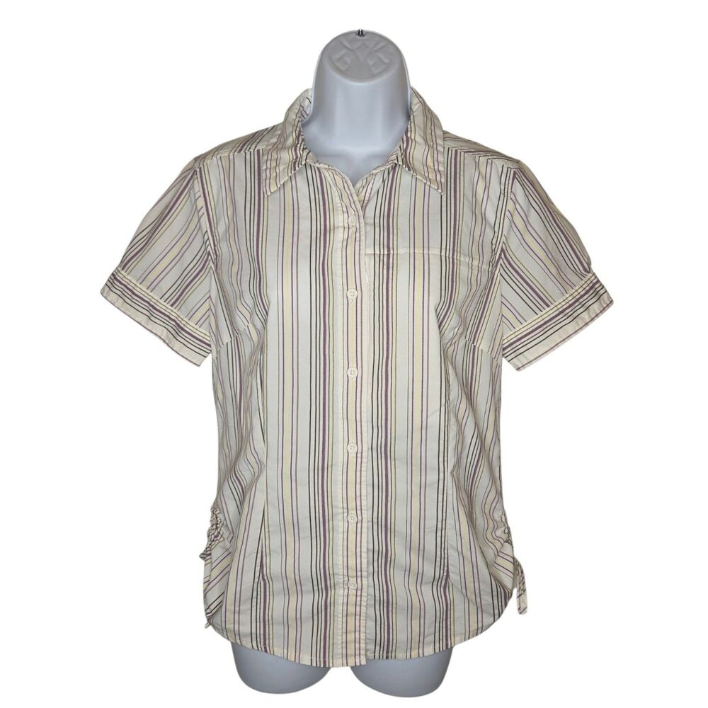 The North Face VaporWick Short Sleeve Striped Button Down Top Ruched Sides M